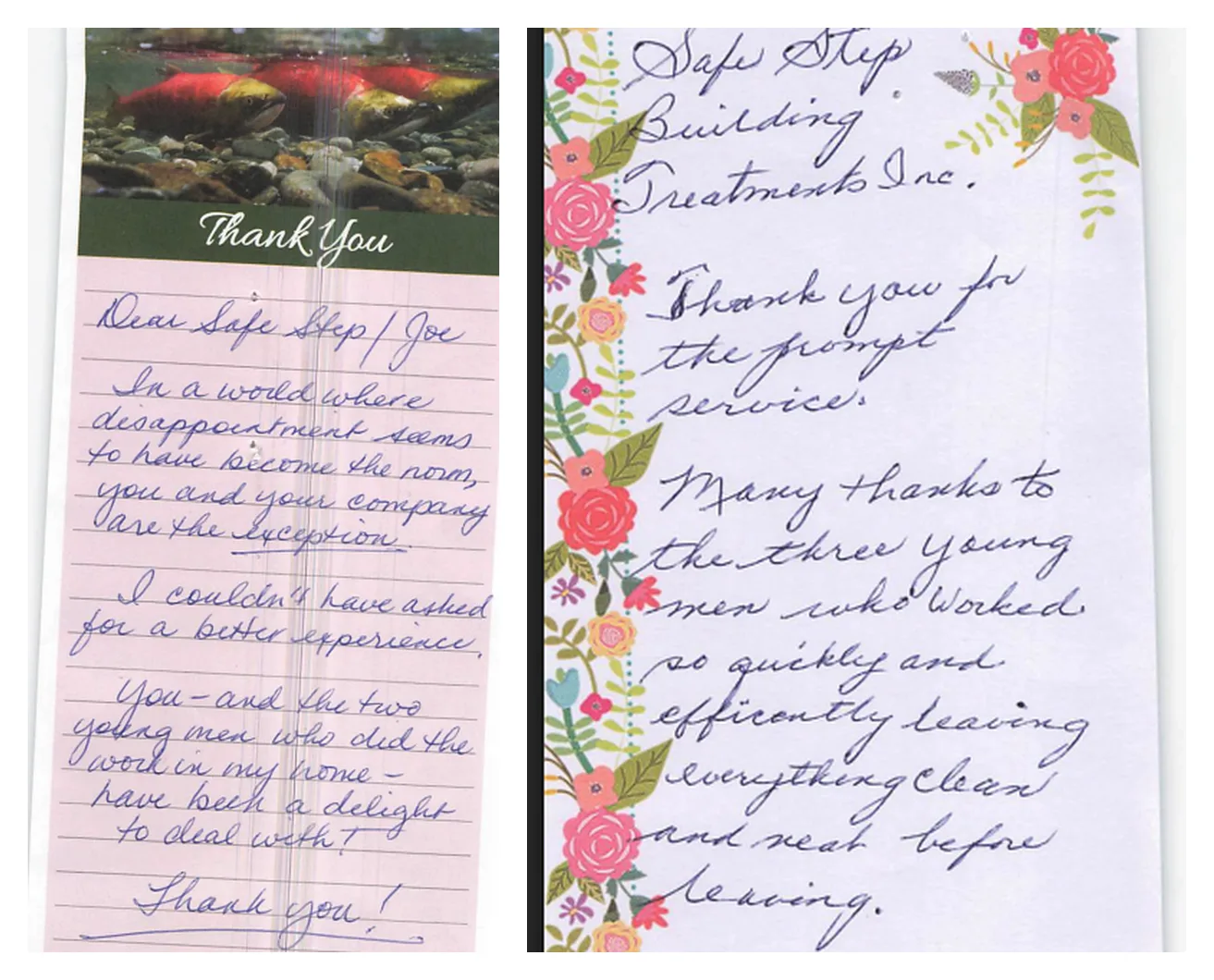 Two handwritten thank-you cards from SafeStep customers praising the prompt service, clean work and professionalism of the crew.
