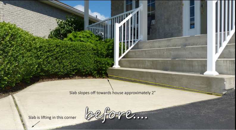 Sunken concrete slab sloping toward house before SafeStep concrete raising